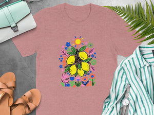 Rose t-shirt with a colorful lemon and flower graphic.