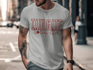 Grey t-shirt with red "TAIL GATE SOCIAL CLUB" text and football helmet graphic.