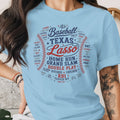 Light blue t-shirt with Texas Lasso baseball design featuring baseball terms.