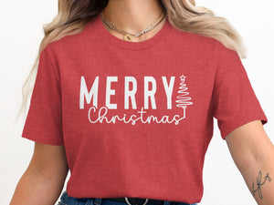 Red t-shirt with white text "MERRY Christmas" and a stylized Christmas tree.