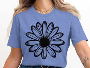 Periwinkle t-shirt with a black outlined daisy graphic centered on the chest.