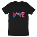 Black t-shirt with word "LOVE" in patterned hearts and geometric shapes.