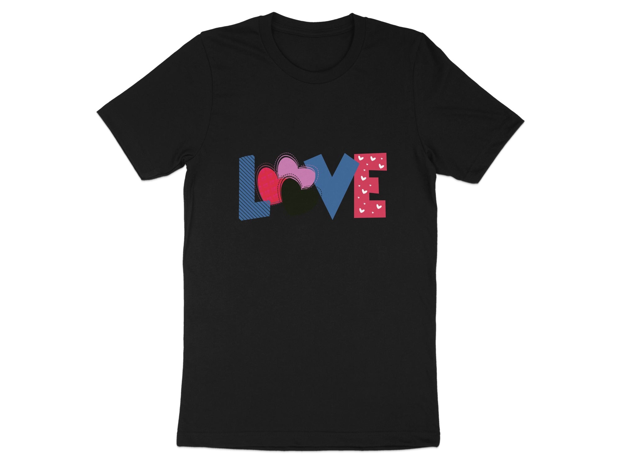 Black t-shirt with word "LOVE" in patterned hearts and geometric shapes.