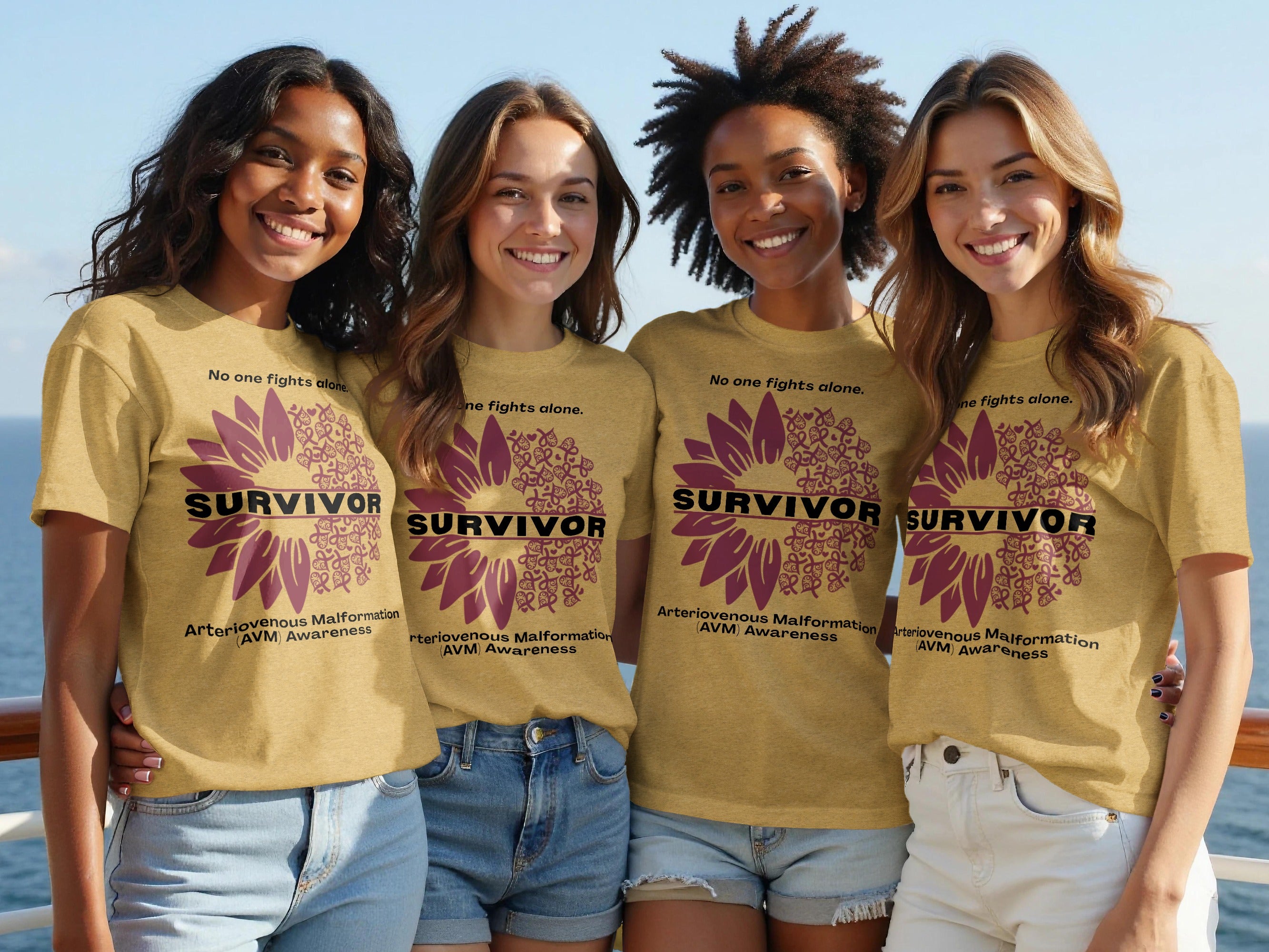 Four women wear matching yellow "Survivor" t-shirts supporting Arteriovenous Malformation awareness.