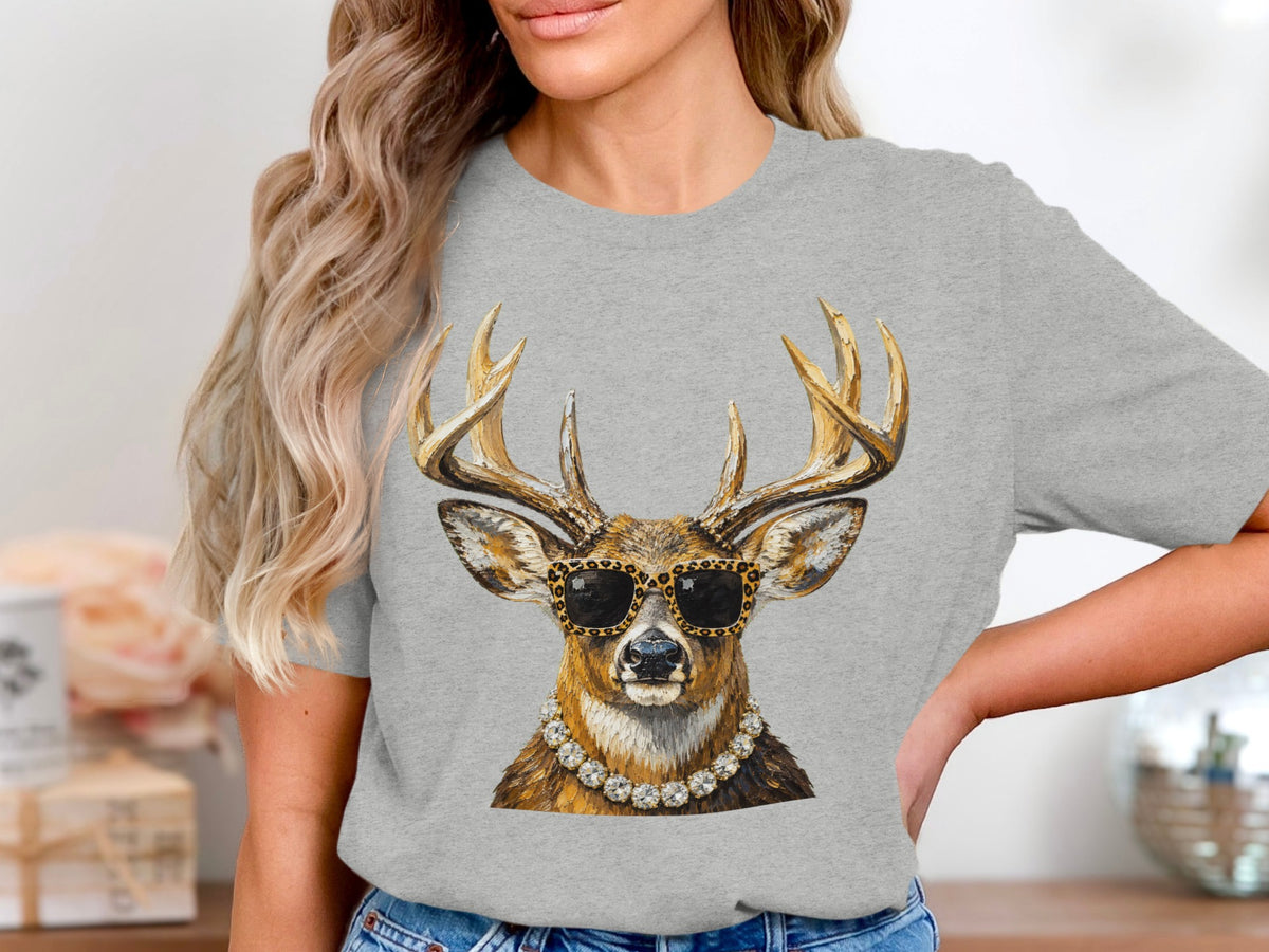 Deer with sunglasses and diamond necklace on a gray t-shirt.