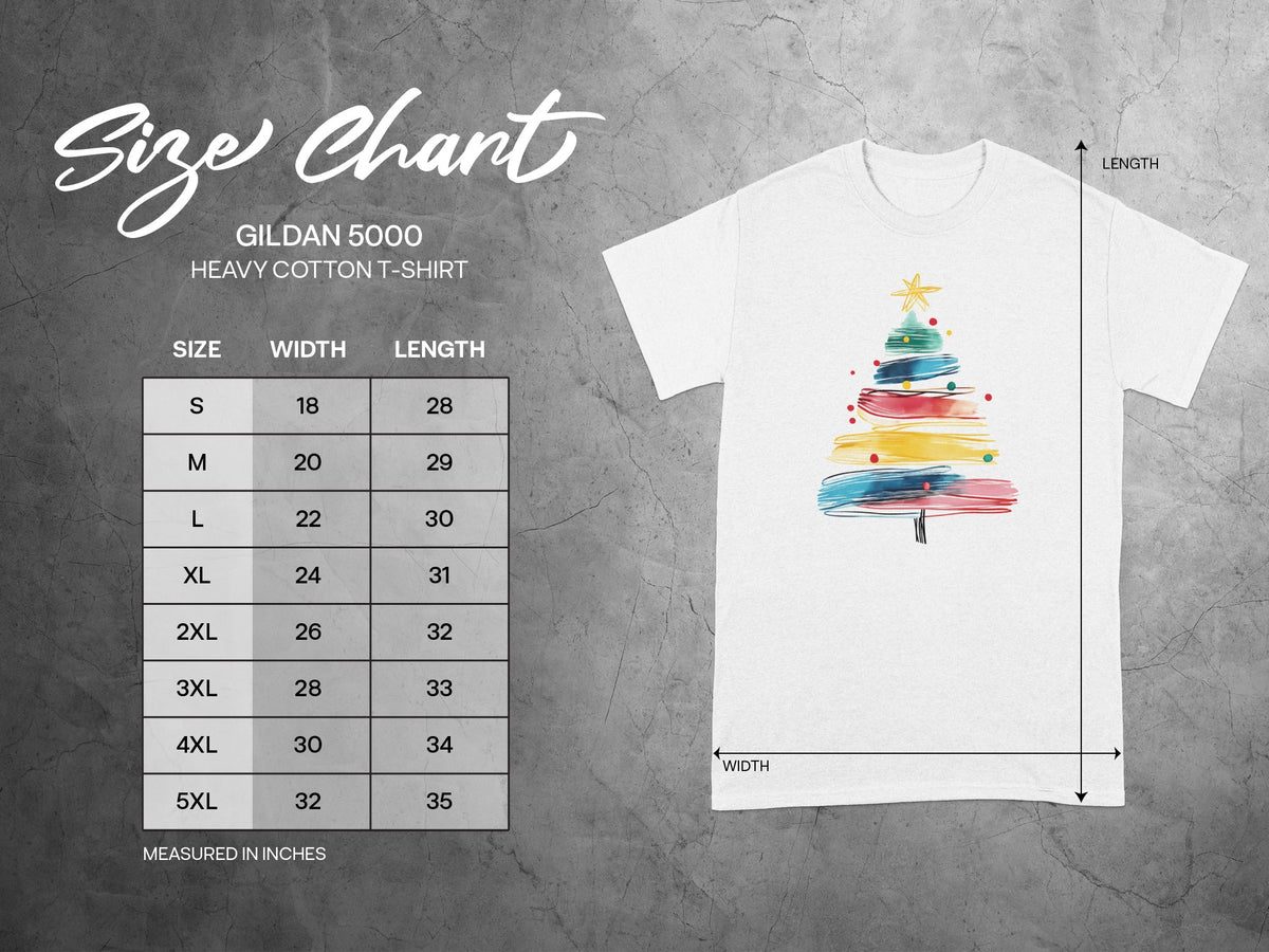 Gildan 5000 t-shirt size chart with width and length measurements in inches.