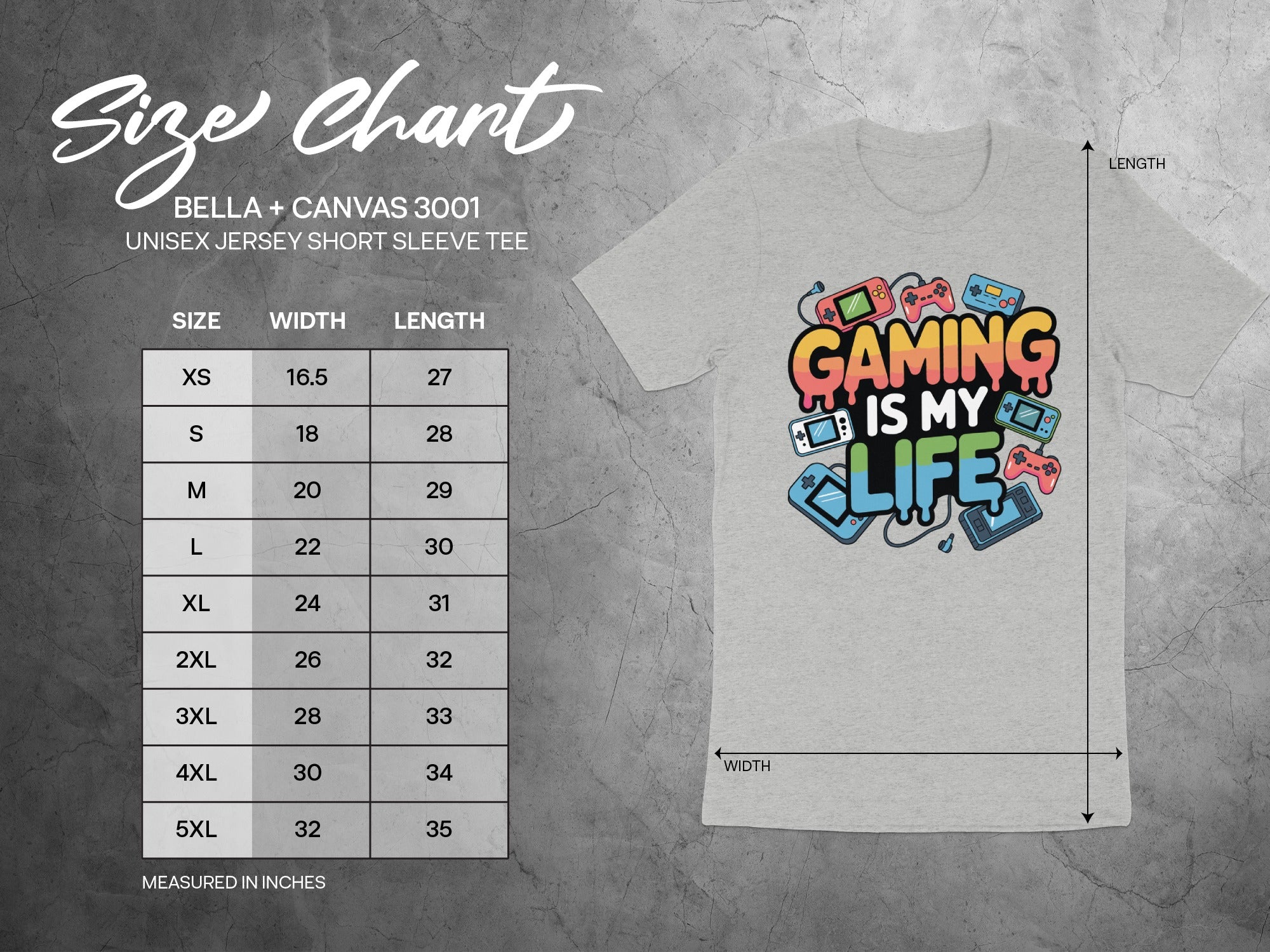 Bella + Canvas 3001 size chart for unisex jersey short sleeve tee, measured in inches.