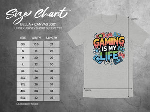 Bella + Canvas 3001 size chart for unisex jersey short sleeve tee, measured in inches.