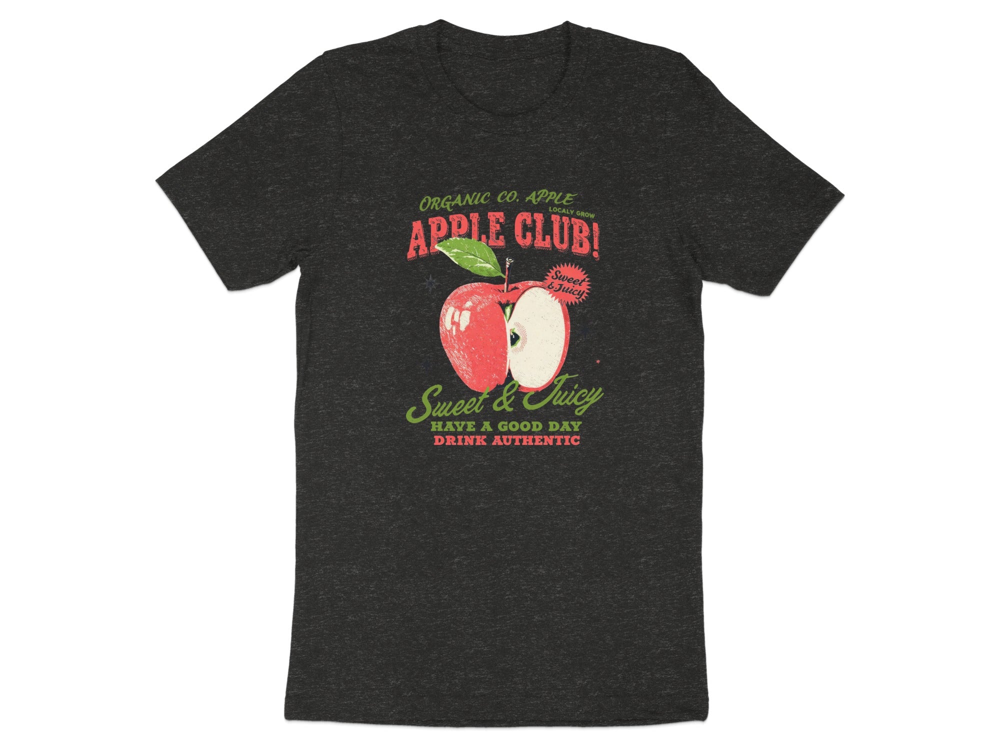 Dark t-shirt with "Apple Club!" text and an apple graphic.