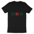 Black t-shirt with "Ho Ho Ho" text in red and green lettering.