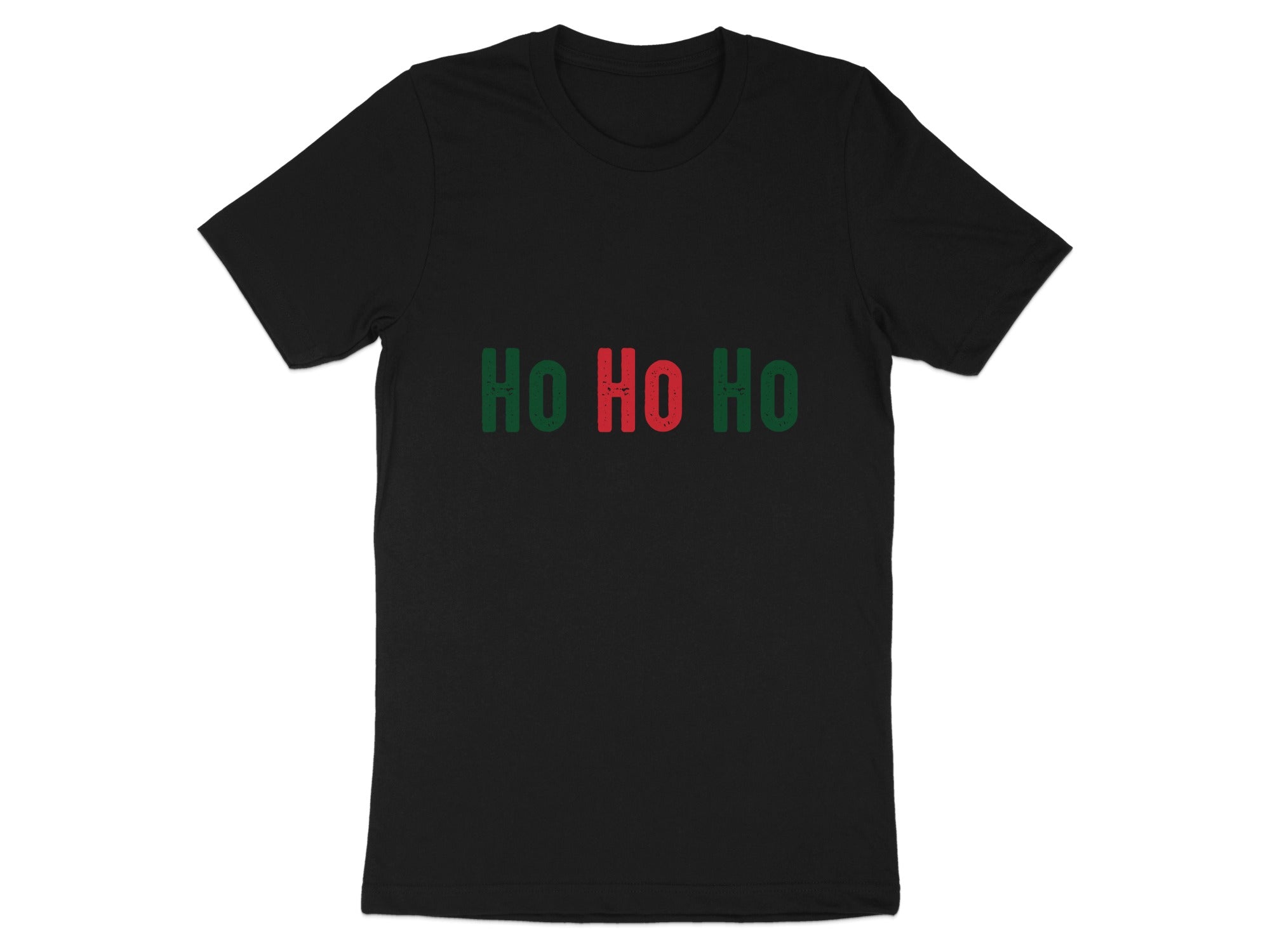 Black t-shirt with "Ho Ho Ho" text in red and green lettering.