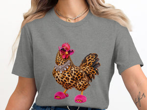 Leopard print chicken with pink sunglasses and fuzzy slippers on grey t-shirt.