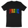 Black t-shirt with rainbow colored text reading "PRIDE".