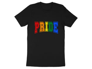 Black t-shirt with rainbow colored text reading "PRIDE".