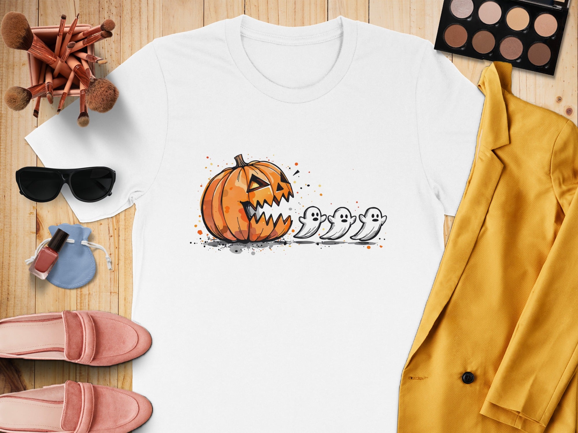 White t-shirt with jack-o'-lantern and three ghosts graphic print.