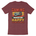 Maroon t-shirt with "Gaming Makes Me Happy You Not So Much" text and controller graphic.