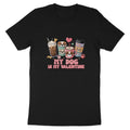 Black t-shirt with illustration of dogs in coffee cups and text "MY DOG IS MY VALENTINE".