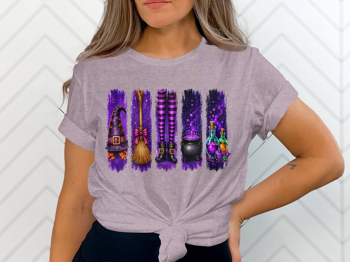 Halloween graphic of witch hat, broom, striped socks, cauldron, and potion bottles on a purple background.