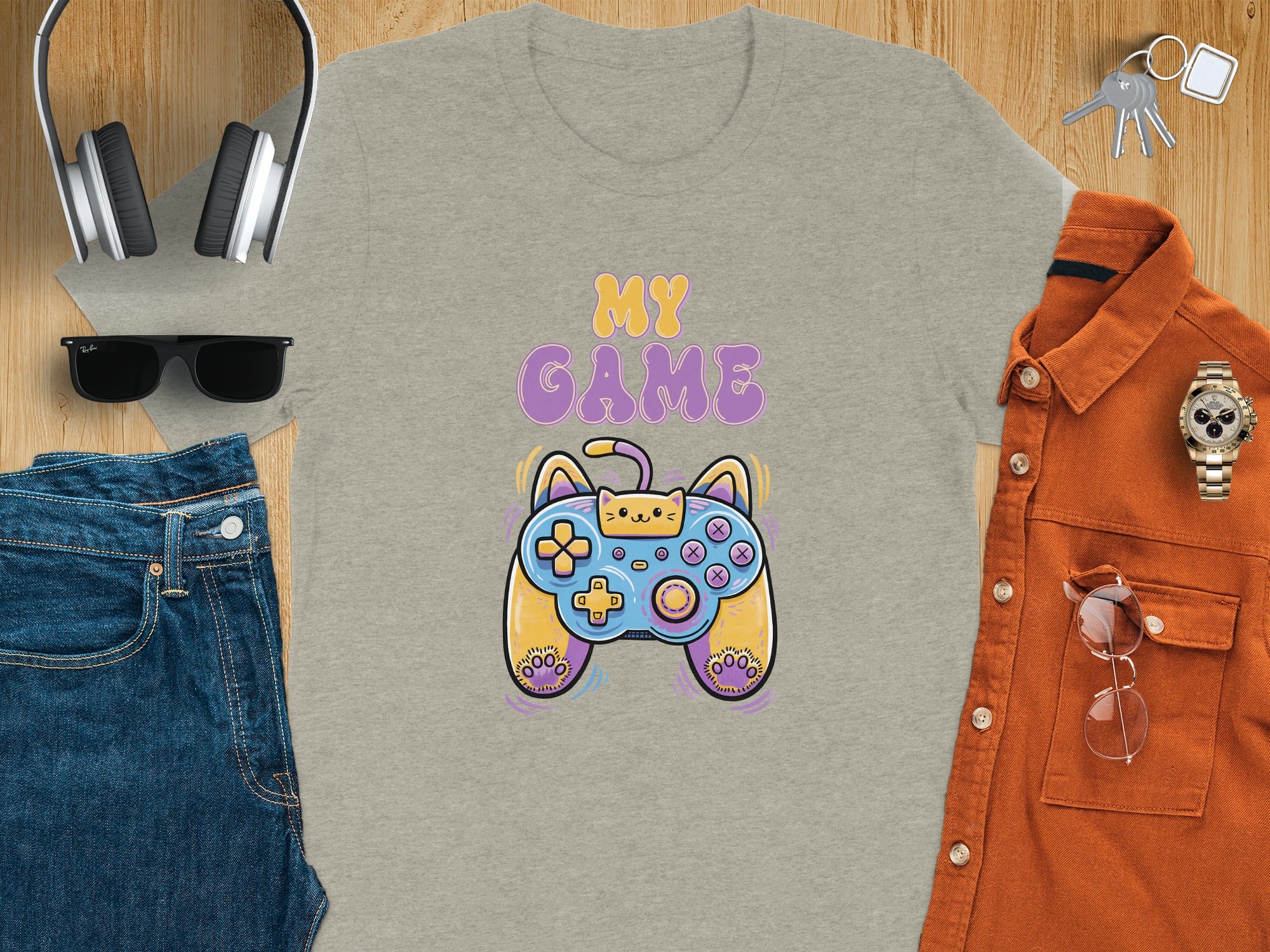 Gray t-shirt with "My Game" text and a cat-shaped video game controller graphic.