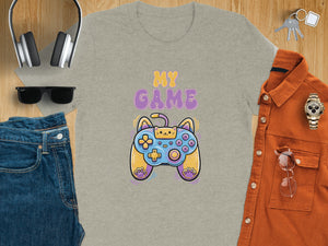 Gray t-shirt with "My Game" text and a cat-shaped video game controller graphic.