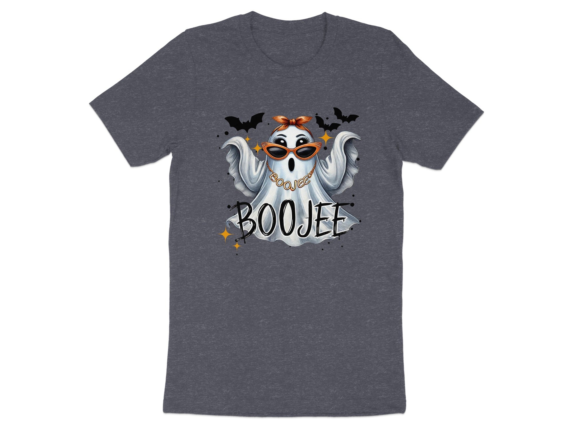 Dark grey t-shirt with a ghost wearing sunglasses and a bow, with "BOOJEE" text.