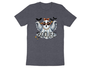 Dark grey t-shirt with a ghost wearing sunglasses and a bow, with "BOOJEE" text.
