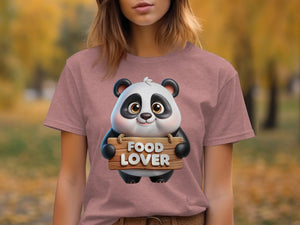 Pink t-shirt with cute cartoon panda holding a wooden sign that says "FOOD LOVER".