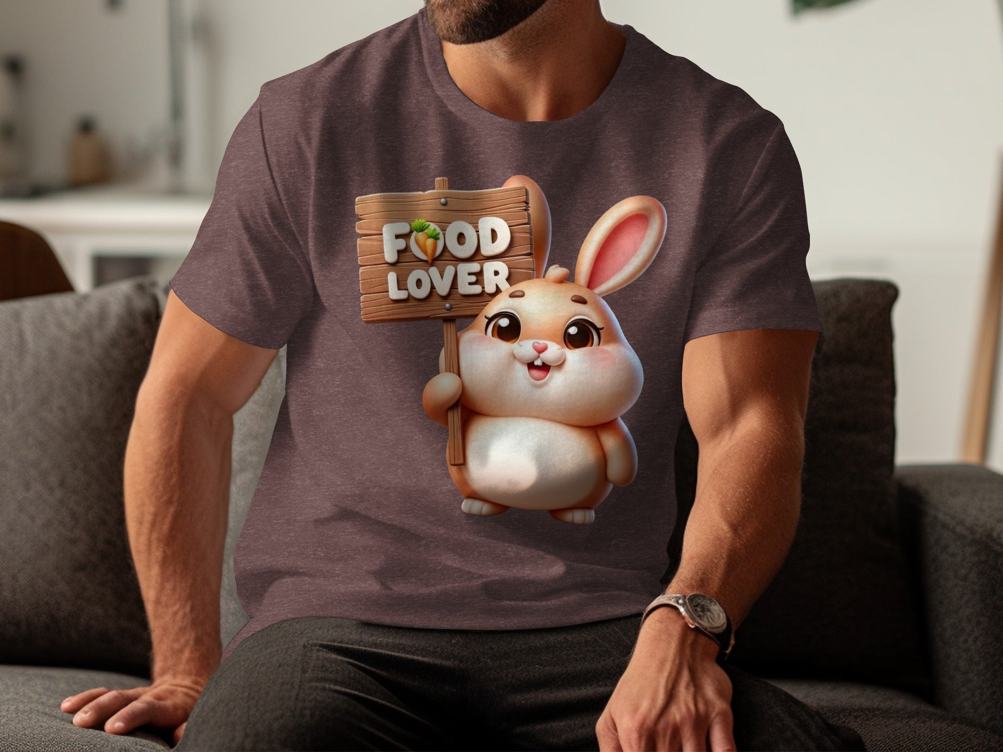 A cartoon bunny holds a wooden sign that reads "FOOD LOVER".