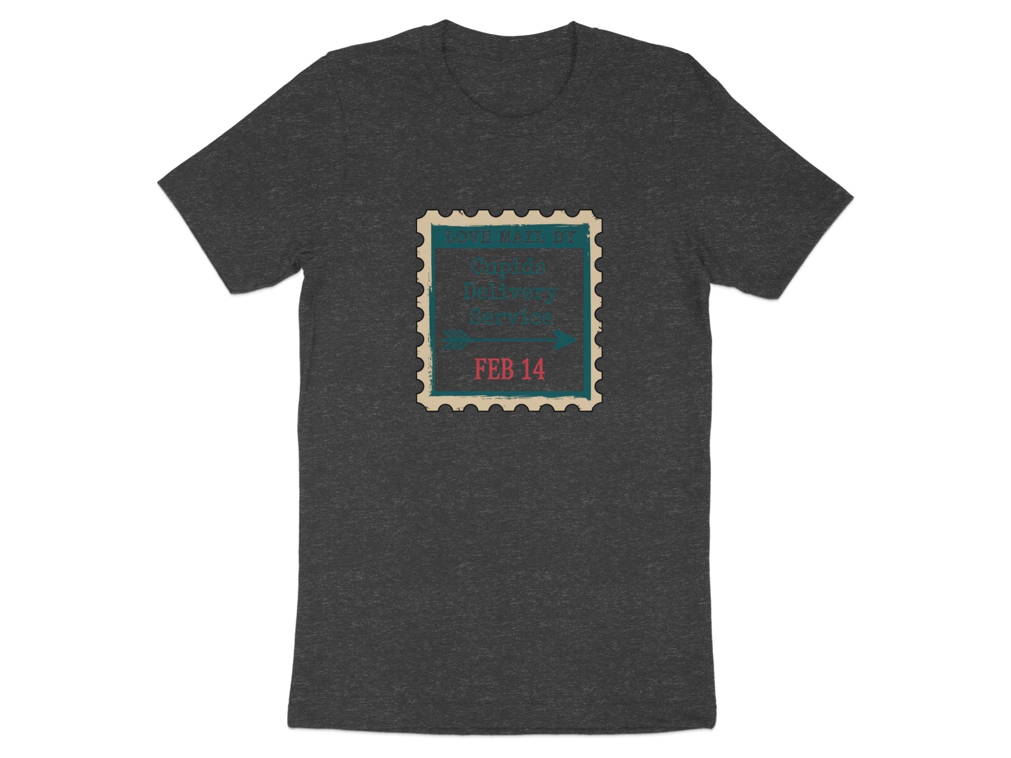 Gray t-shirt with a stamp graphic that reads "LOVE MAIL BY Cupid's Delivery Service FEB 14".