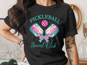 Black t-shirt with "Pickleball Social Club" graphic and crossed paddles.