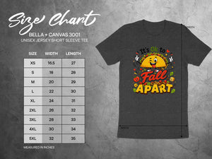 Bella + Canvas 3001 size chart for unisex short sleeve tee with graphic.