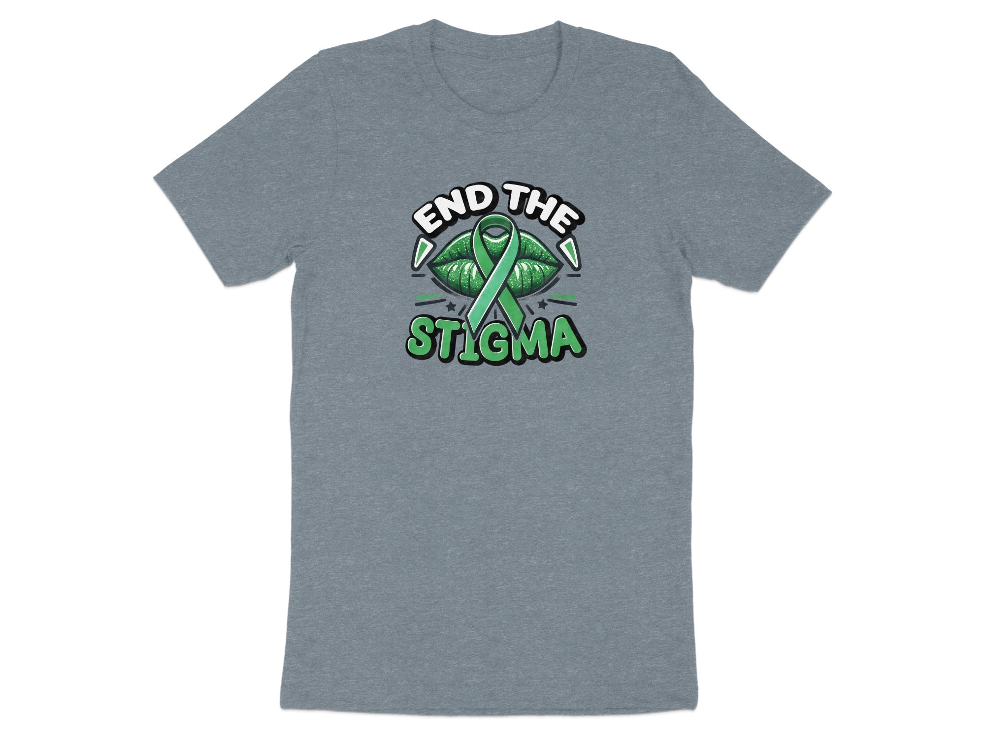 Grey t-shirt with green lips, ribbon, and a "End the Stigma" graphic.