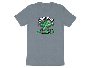 Grey t-shirt with green lips, ribbon, and a "End the Stigma" graphic.
