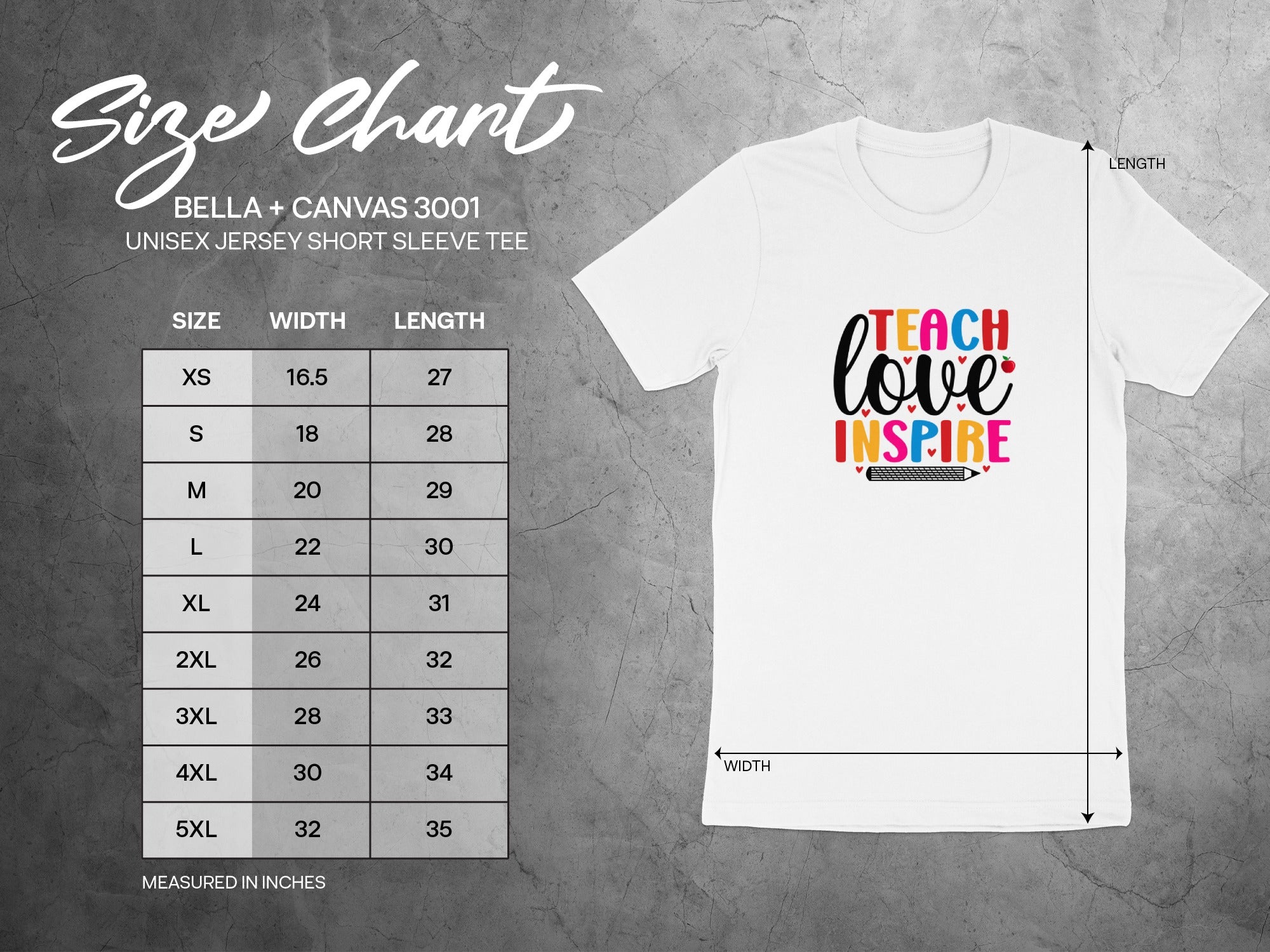 Bella + Canvas 3001 unisex t-shirt size chart with measurements in inches.