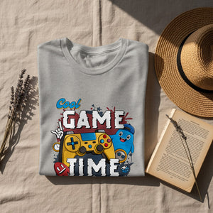 Grey t-shirt with "Cool GAME TIME" text and cartoon game controller characters.