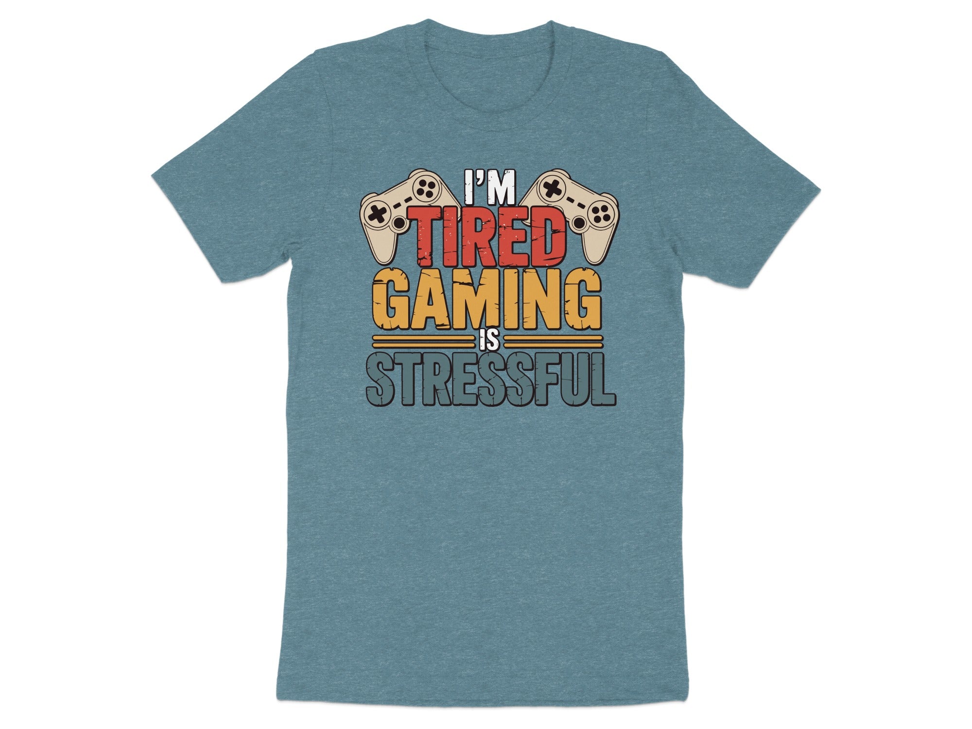 I'm tired gaming is stressful graphic t-shirt with controllers.