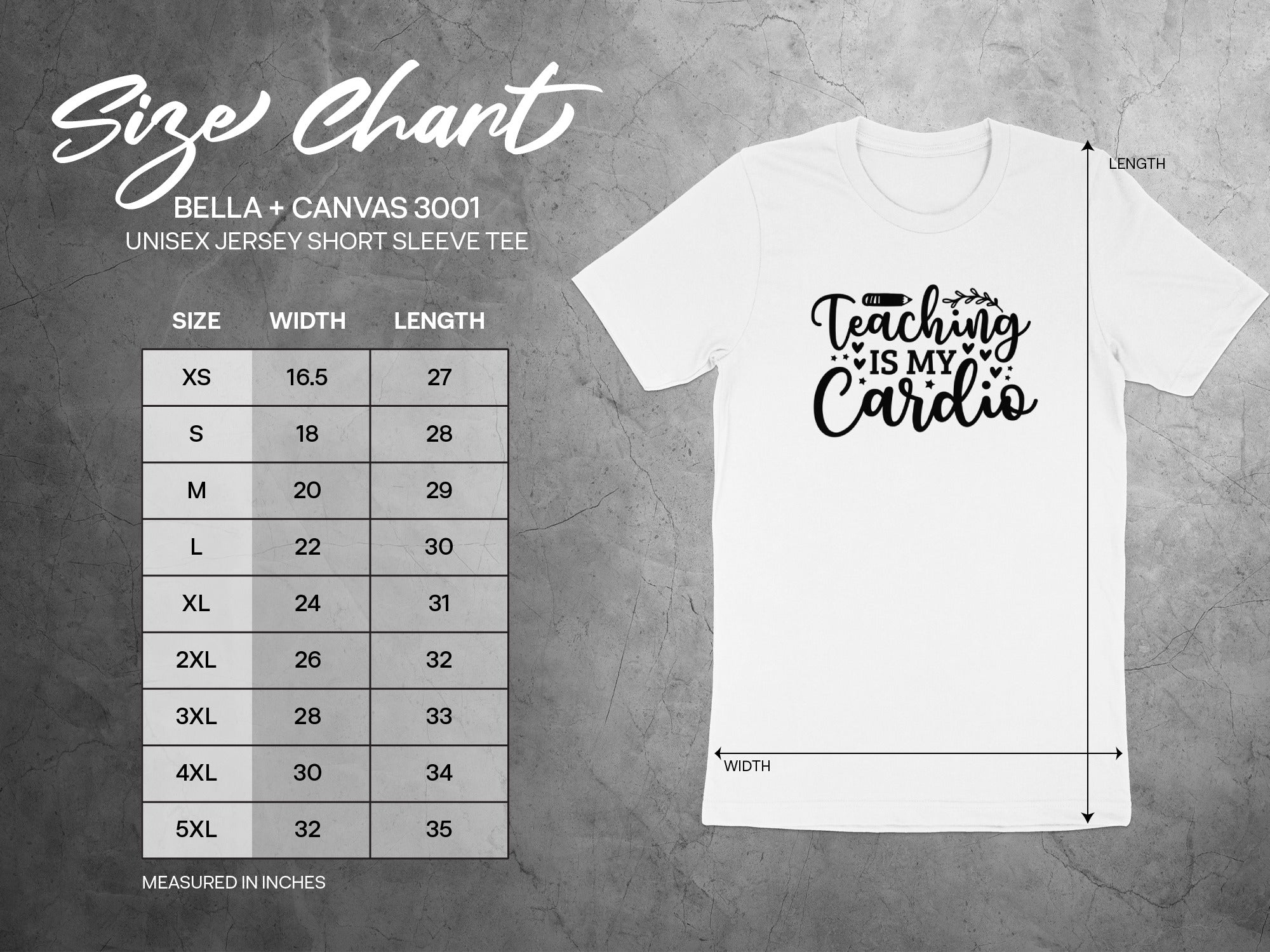Bella + Canvas 3001 unisex size chart with width and length in inches.