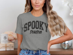 Grey t-shirt with black text reading "SPOOKY season"