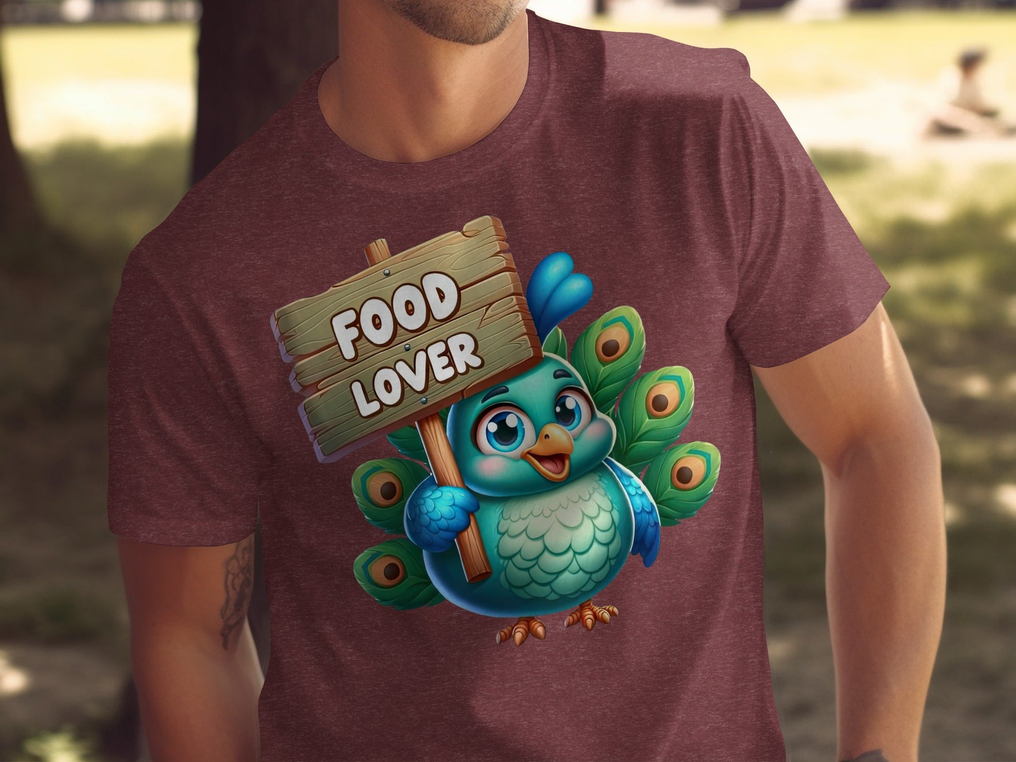 Cartoon peacock holding a sign that says "FOOD LOVER"