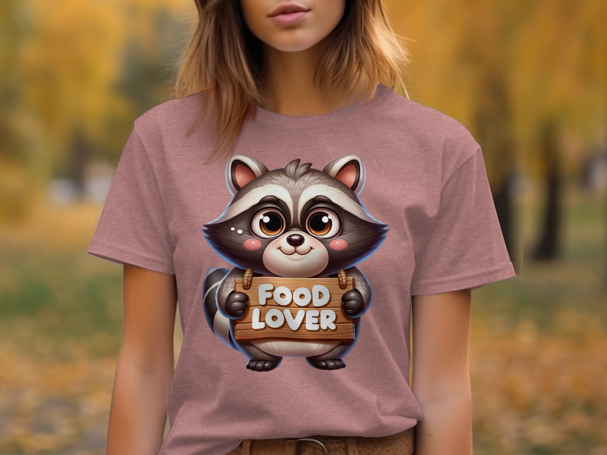 Cute raccoon holding a wooden sign that says "FOOD LOVER".
