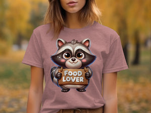 Cute raccoon holding a wooden sign that says "FOOD LOVER".