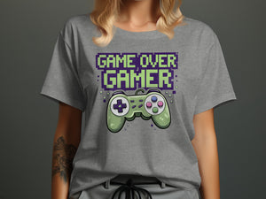 Gray t-shirt with "Game Over Gamer" text and a green video game controller.
