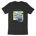 Dark t-shirt with graphic of blueberries, blueberry jam jar, and text.