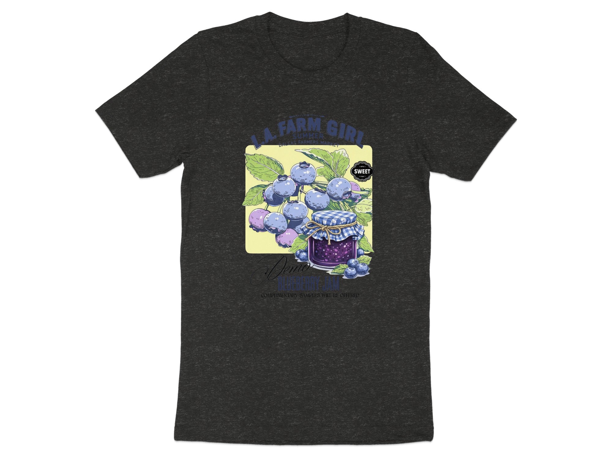 Dark t-shirt with graphic of blueberries, blueberry jam jar, and text.