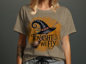 Witch hat and broomstick graphic with "Tonight We Fly" text.