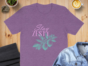Purple t-shirt with "Stay Zesty" text and lemon branch graphic.