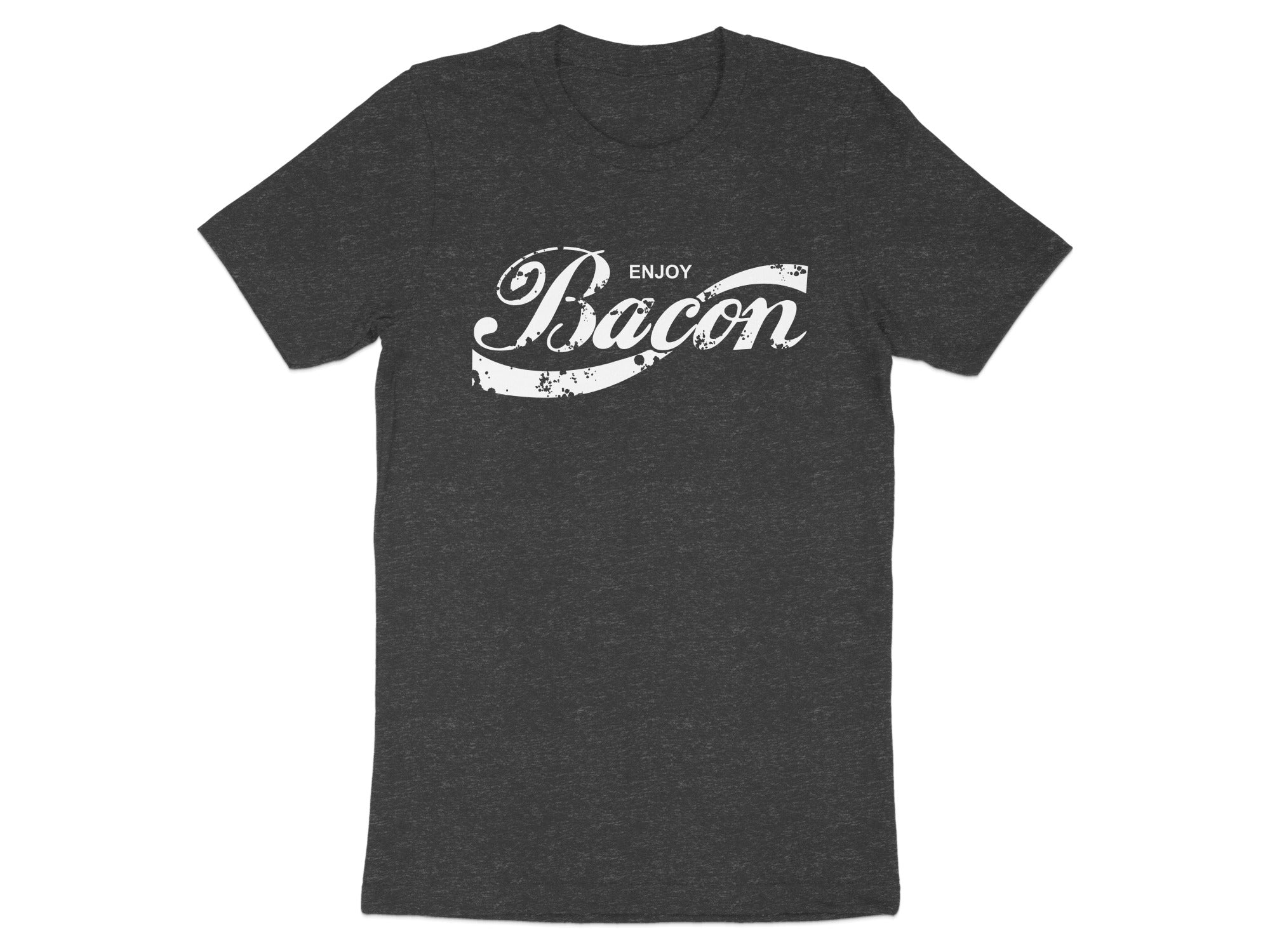 Dark grey t-shirt with distressed white text "Enjoy Bacon" in a retro style.