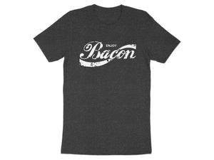 Dark grey t-shirt with distressed white text "Enjoy Bacon" in a retro style.