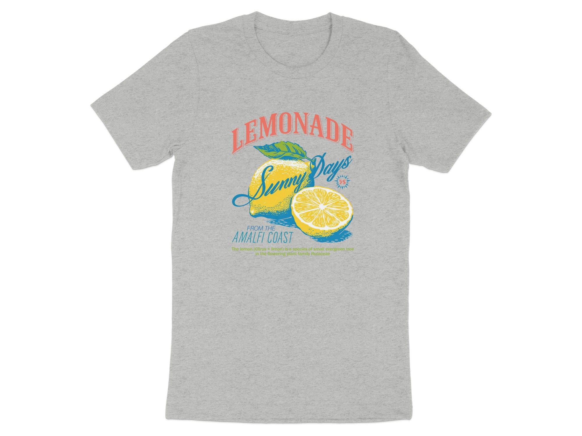 Grey t-shirt featuring "Lemonade Sunny Days Amalfi Coast" graphic with lemons.