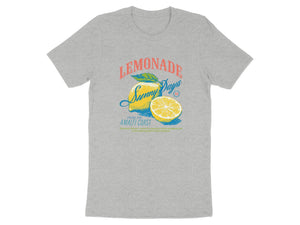 Grey t-shirt featuring "Lemonade Sunny Days Amalfi Coast" graphic with lemons.